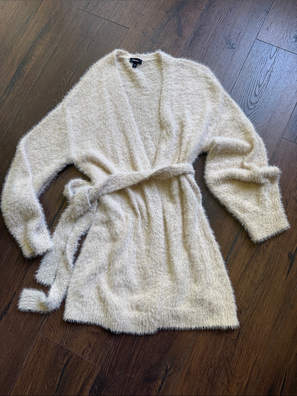 Express Cream Fuzzy Belted Open-Front Cardigan